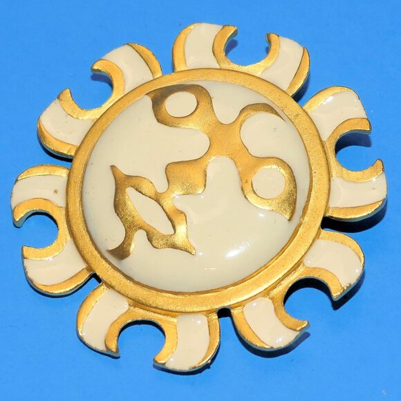 Vintage Maxine Denker Sun Face Brooch Pin Enamel Gold Tone Modernist Signed Rare - Picture 4 of 7